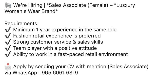 We’re Hiring | *Sales Associate (Female) – *Lusxury Women’s Wear Brand*
