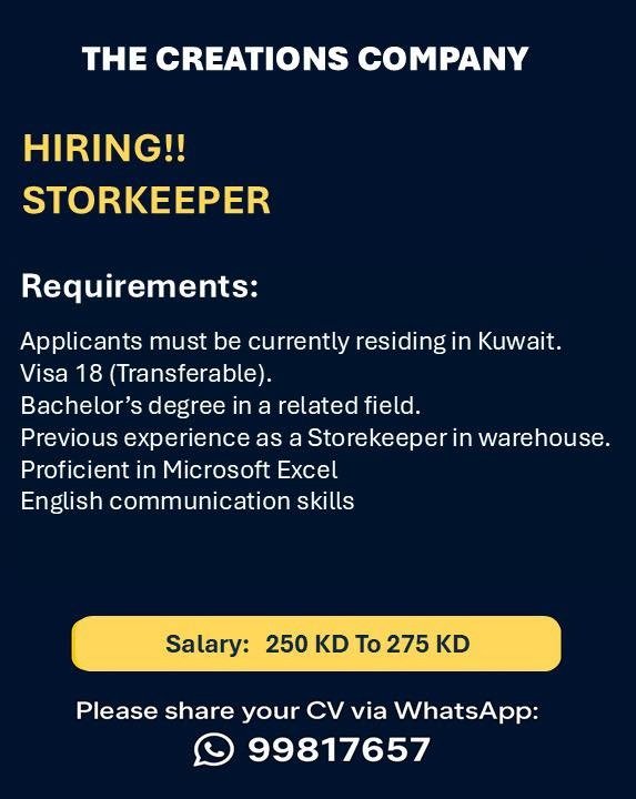 Store Keeper Job in THE CREATIONS COMPANY