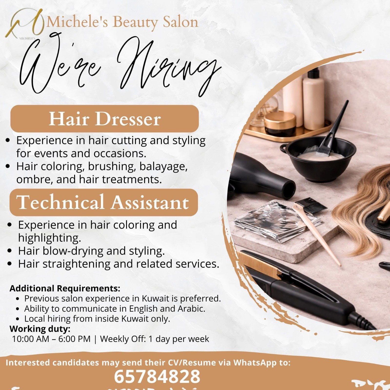 Hiring Hair Dresser for ladies beauty salon inside the Kuwait